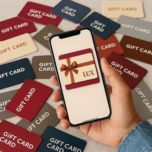 Hand holding phone, scanning gift card with LuxBox